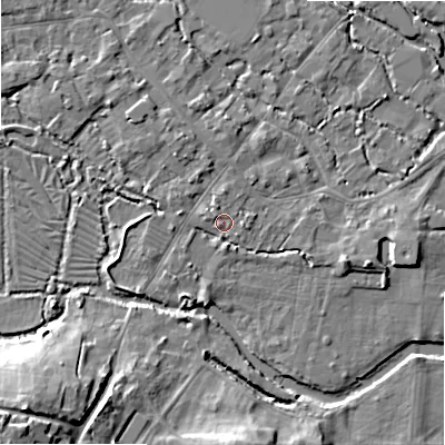 Shaded relief map of the ground around SP20HY, computed from Environment Agency LiDAR. The ground here sits at about 54 m above sea level and falls 14 m across the surrounding 800 m. Surface water reaching this point runs off ground lying to the north-north-west, 1.2 m higher.