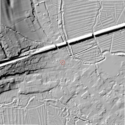 Shaded relief map of the ground around SP20HZ, computed from Environment Agency LiDAR. The ground here sits at about 54 m above sea level and falls 27 m across the surrounding 800 m. Surface water reaching this point runs off ground lying to the west-north-west, 25.4 m higher.