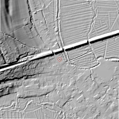 Shaded relief map of the ground around SP20JA, computed from Environment Agency LiDAR. The ground here sits at about 54 m above sea level and falls 26 m across the surrounding 800 m. Surface water reaching this point runs off ground lying to the west-north-west, 24.9 m higher.