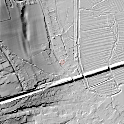 Shaded relief map of the ground around SP20JB, computed from Environment Agency LiDAR. The ground here sits at about 54 m above sea level and falls 41 m across the surrounding 800 m. Surface water reaching this point runs off ground lying to the north-west, 39.3 m higher.