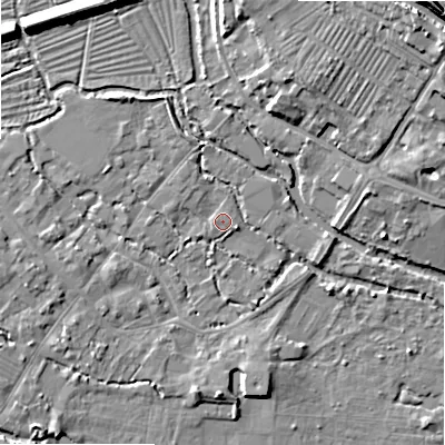 Shaded relief map of the ground around SP20JP, computed from Environment Agency LiDAR. The ground here sits at about 53 m above sea level and falls 17 m across the surrounding 800 m. Surface water reaching this point runs off ground lying to the south-west, 0.8 m higher.