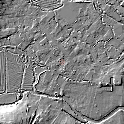 Shaded relief map of the ground around SP20JS, computed from Environment Agency LiDAR. The ground here sits at about 53 m above sea level and falls 13 m across the surrounding 800 m. Surface water reaching this point runs off ground lying to the north-north-west, 1.7 m higher.