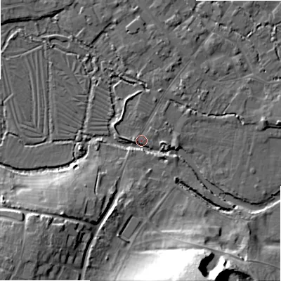 Shaded relief map of the ground around SP20JU, computed from Environment Agency LiDAR. The ground here sits at about 53 m above sea level and falls 30 m across the surrounding 800 m. Surface water reaching this point runs off ground lying to the south-west, 13.3 m higher.