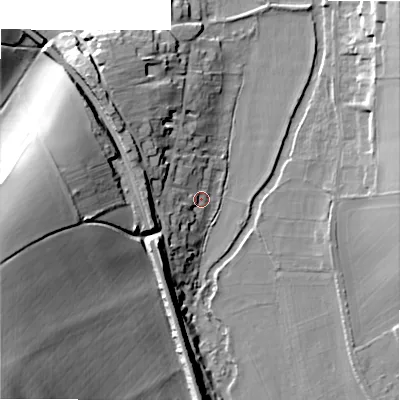 Shaded relief map of the ground around SP20NT, computed from Environment Agency LiDAR. The ground here sits at about 60 m above sea level and falls 48 m across the surrounding 800 m. Surface water reaching this point runs off ground lying to the west, 11.7 m higher.