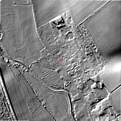 Shaded relief map of the ground around SP20QW, computed from Environment Agency LiDAR. The ground here sits at about 57 m above sea level and falls 46 m across the surrounding 800 m. Surface water reaching this point runs off ground lying to the north-east, 44.2 m higher.