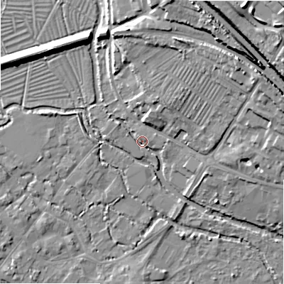 Shaded relief map of the ground around SP20RS, computed from Environment Agency LiDAR. The ground here sits at about 53 m above sea level and falls 29 m across the surrounding 800 m. Surface water reaching this point runs off ground lying to the east-north-east, 2.3 m higher.