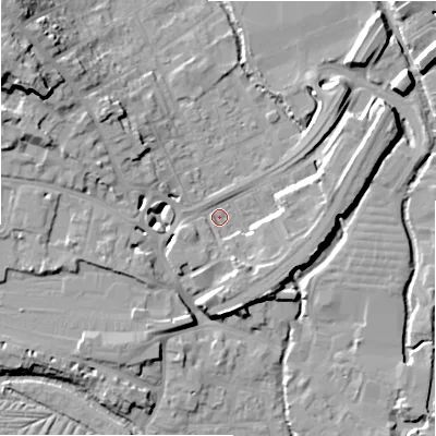 Shaded relief map of the ground around SP27AG, computed from Environment Agency LiDAR. The ground here sits at about 49 m above sea level and falls 19 m across the surrounding 800 m. Surface water reaching this point runs off ground lying to the north-west, 17.2 m higher.