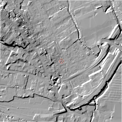 Shaded relief map of the ground around SP27AL, computed from Environment Agency LiDAR. The ground here sits at about 49 m above sea level and falls 22 m across the surrounding 800 m. Surface water reaching this point runs off ground lying to the west, 5.9 m higher.
