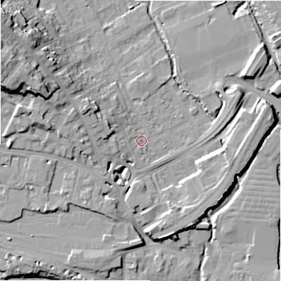 Shaded relief map of the ground around SP27AS, computed from Environment Agency LiDAR. The ground here sits at about 49 m above sea level and falls 21 m across the surrounding 800 m. Surface water reaching this point runs off ground lying to the west-north-west, 5.9 m higher.