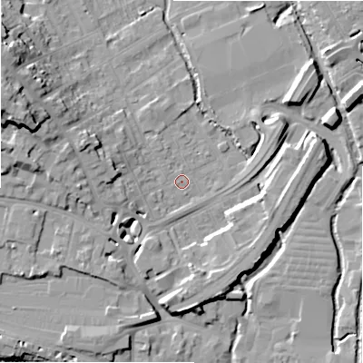 Shaded relief map of the ground around SP27AT, computed from Environment Agency LiDAR. The ground here sits at about 48 m above sea level and falls 19 m across the surrounding 800 m. Surface water reaching this point runs off ground lying to the west-north-west, 17.8 m higher.