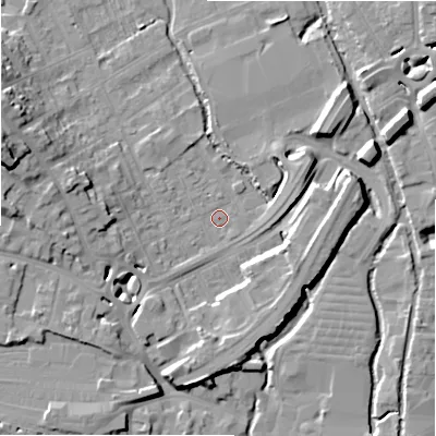 Shaded relief map of the ground around SP27AU, computed from Environment Agency LiDAR. The ground here sits at about 48 m above sea level and falls 19 m across the surrounding 800 m. Surface water reaching this point runs off ground lying to the west-north-west, 17.0 m higher.