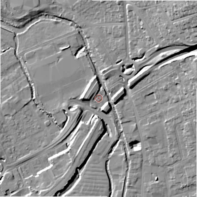 Shaded relief map of the ground around SP27AX, computed from Environment Agency LiDAR. The ground here sits at about 49 m above sea level and falls 27 m across the surrounding 800 m. Surface water reaching this point runs off ground lying to the west-north-west, 4.0 m higher.