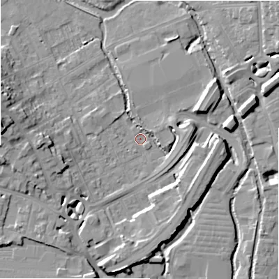 Shaded relief map of the ground around SP27AY, computed from Environment Agency LiDAR. The ground here sits at about 48 m above sea level and falls 18 m across the surrounding 800 m. Surface water reaching this point runs off ground lying to the west, 15.9 m higher.