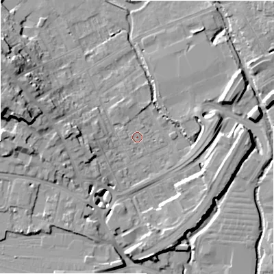 Shaded relief map of the ground around SP27BA, computed from Environment Agency LiDAR. The ground here sits at about 48 m above sea level and falls 19 m across the surrounding 800 m. Surface water reaching this point runs off ground lying to the west-north-west, 18.1 m higher.