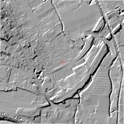 Shaded relief map of the ground around SP27BB, computed from Environment Agency LiDAR. The ground here sits at about 48 m above sea level and falls 18 m across the surrounding 800 m. Surface water reaching this point runs off ground lying to the west-north-west, 17.2 m higher.