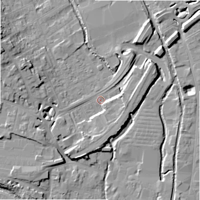 Shaded relief map of the ground around SP27BD, computed from Environment Agency LiDAR. The ground here sits at about 48 m above sea level and falls 15 m across the surrounding 800 m. Surface water reaching this point runs off ground lying to the south-south-west, 6.5 m higher.