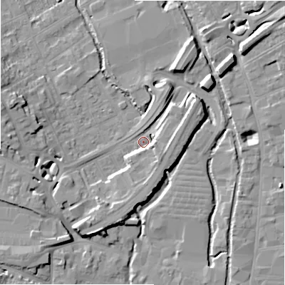 Shaded relief map of the ground around SP27BE, computed from Environment Agency LiDAR. The ground here sits at about 48 m above sea level and falls 12 m across the surrounding 800 m. Surface water reaching this point runs off ground lying to the west-north-west, 10.7 m higher.