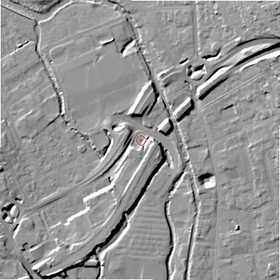 Shaded relief map of the ground around SP27BF, computed from Environment Agency LiDAR. The ground here sits at about 48 m above sea level and falls 22 m across the surrounding 800 m. Surface water reaching this point runs off ground lying to the west-south-west, 7.6 m higher.