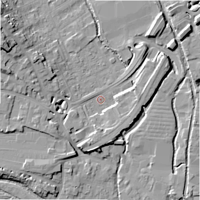 Shaded relief map of the ground around SP27BH, computed from Environment Agency LiDAR. The ground here sits at about 48 m above sea level and falls 19 m across the surrounding 800 m. Surface water reaching this point runs off ground lying to the west-north-west, 17.1 m higher.