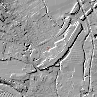 Shaded relief map of the ground around SP27BJ, computed from Environment Agency LiDAR. The ground here sits at about 48 m above sea level and falls 19 m across the surrounding 800 m. Surface water reaching this point runs off ground lying to the south-south-west, 6.5 m higher.