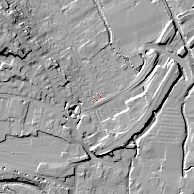Shaded relief map of the ground around SP27BL, computed from Environment Agency LiDAR. The ground here sits at about 48 m above sea level and falls 20 m across the surrounding 800 m. Surface water reaching this point runs off ground lying to the west, 4.3 m higher.