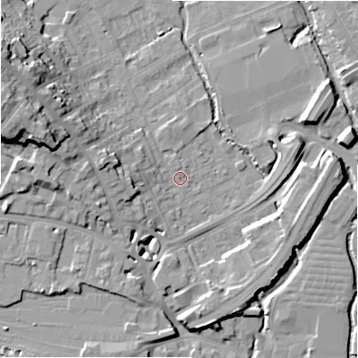 Shaded relief map of the ground around SP27BN, computed from Environment Agency LiDAR. The ground here sits at about 48 m above sea level and falls 20 m across the surrounding 800 m. Surface water reaching this point runs off ground lying to the west, 5.9 m higher.