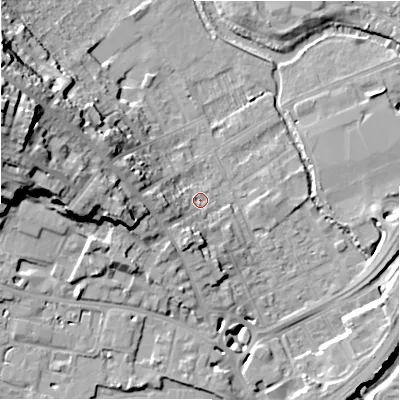 Shaded relief map of the ground around SP27BP, computed from Environment Agency LiDAR. The ground here sits at about 50 m above sea level and falls 32 m across the surrounding 800 m. Surface water reaching this point runs off ground lying to the west, 9.3 m higher.