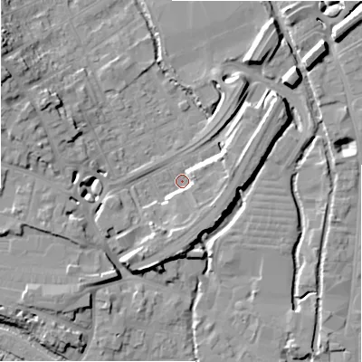 Shaded relief map of the ground around SP27BQ, computed from Environment Agency LiDAR. The ground here sits at about 48 m above sea level and falls 15 m across the surrounding 800 m. Surface water reaching this point runs off ground lying to the south-south-west, 6.5 m higher.