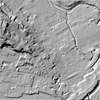 Shaded relief map of the ground around SP27BS, computed from Environment Agency LiDAR. The ground here sits at about 51 m above sea level and falls 30 m across the surrounding 800 m. Surface water reaching this point runs off ground lying to the south-west, 7.3 m higher.