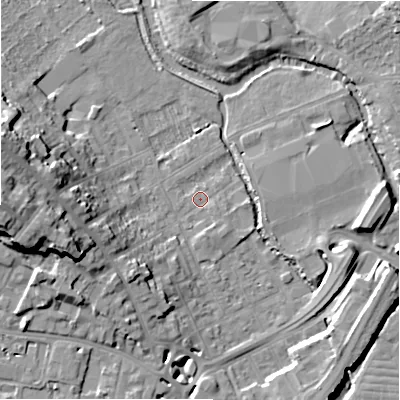 Shaded relief map of the ground around SP27BT, computed from Environment Agency LiDAR. The ground here sits at about 48 m above sea level and falls 22 m across the surrounding 800 m. Surface water reaching this point runs off ground lying to the west-south-west, 10.6 m higher.