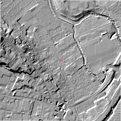 Shaded relief map of the ground around SP27BW, computed from Environment Agency LiDAR. The ground here sits at about 48 m above sea level and falls 29 m across the surrounding 800 m. Surface water reaching this point runs off ground lying to the west, 10.6 m higher.