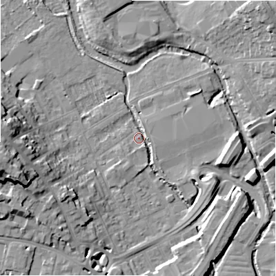 Shaded relief map of the ground around SP27BX, computed from Environment Agency LiDAR. The ground here sits at about 49 m above sea level and falls 19 m across the surrounding 800 m. Surface water reaching this point runs off ground lying to the west-south-west, 11.8 m higher.