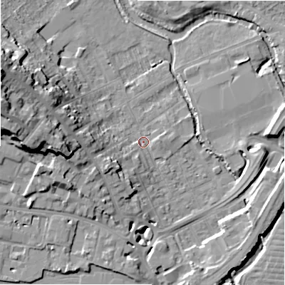 Shaded relief map of the ground around SP27BY, computed from Environment Agency LiDAR. The ground here sits at about 49 m above sea level and falls 26 m across the surrounding 800 m. Surface water reaching this point runs off ground lying to the south-west, 8.5 m higher.