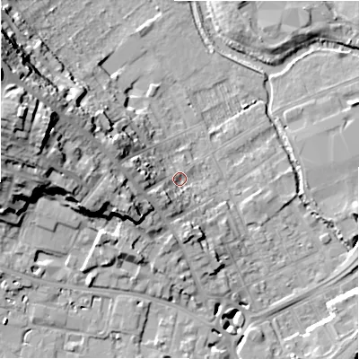 Shaded relief map of the ground around SP27BZ, computed from Environment Agency LiDAR. The ground here sits at about 51 m above sea level and falls 32 m across the surrounding 800 m. Surface water reaching this point runs off ground lying to the west-south-west, 8.9 m higher.