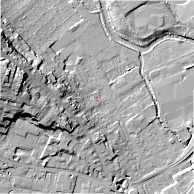 Shaded relief map of the ground around SP27DA, computed from Environment Agency LiDAR. The ground here sits at about 49 m above sea level and falls 32 m across the surrounding 800 m. Surface water reaching this point runs off ground lying to the west, 13.2 m higher.