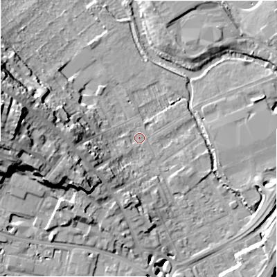 Shaded relief map of the ground around SP27DB, computed from Environment Agency LiDAR. The ground here sits at about 49 m above sea level and falls 32 m across the surrounding 800 m. Surface water reaching this point runs off ground lying to the west, 13.2 m higher.