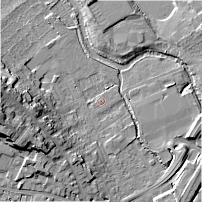 Shaded relief map of the ground around SP27DD, computed from Environment Agency LiDAR. The ground here sits at about 49 m above sea level and falls 24 m across the surrounding 800 m. Surface water reaching this point runs off ground lying to the south-west, 0.8 m higher.