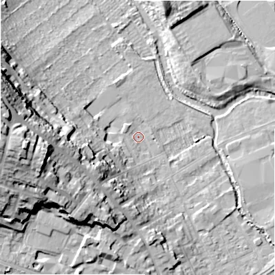 Shaded relief map of the ground around SP27DG, computed from Environment Agency LiDAR. The ground here sits at about 49 m above sea level and falls 32 m across the surrounding 800 m. Surface water reaching this point runs off ground lying to the west, 19.5 m higher.