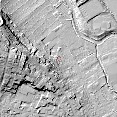 Shaded relief map of the ground around SP27DH, computed from Environment Agency LiDAR. The ground here sits at about 50 m above sea level and falls 33 m across the surrounding 800 m. Surface water reaching this point runs off ground lying to the west-south-west, 13.4 m higher.
