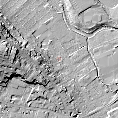 Shaded relief map of the ground around SP27DQ, computed from Environment Agency LiDAR. The ground here sits at about 49 m above sea level and falls 32 m across the surrounding 800 m. Surface water reaching this point runs off ground lying to the west-south-west, 13.1 m higher.