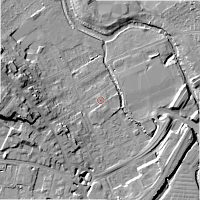 Shaded relief map of the ground around SP27FB, computed from Environment Agency LiDAR. The ground here sits at about 49 m above sea level and falls 21 m across the surrounding 800 m. Surface water reaching this point runs off ground lying to the south-south-west, 1.1 m higher.