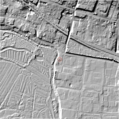 Shaded relief map of the ground around SP27LD, computed from Environment Agency LiDAR. The ground here sits at about 48 m above sea level and falls 18 m across the surrounding 800 m. Surface water reaching this point runs off ground lying to the north-north-east, 17.7 m higher.