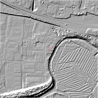 Shaded relief map of the ground around SP27NP, computed from Environment Agency LiDAR. The ground here sits at about 48 m above sea level and falls 10 m across the surrounding 800 m. Surface water reaching this point runs off ground lying to the north-north-west, 0.9 m higher.