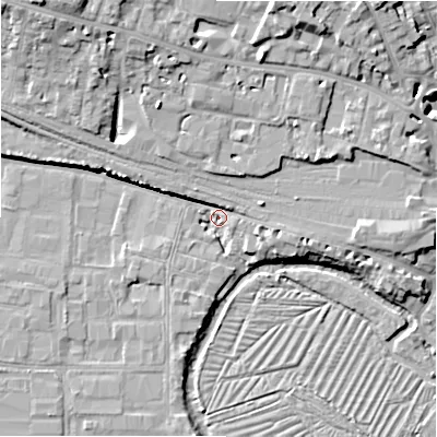 Shaded relief map of the ground around SP27NW, computed from Environment Agency LiDAR. The ground here sits at about 48 m above sea level and falls 15 m across the surrounding 800 m. Surface water reaching this point runs off ground lying to the north-west, 11.7 m higher.