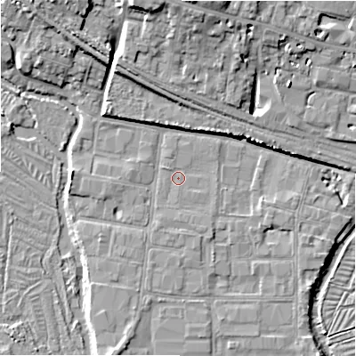 Shaded relief map of the ground around SP27PL, computed from Environment Agency LiDAR. The ground here sits at about 48 m above sea level and falls 13 m across the surrounding 800 m. Surface water reaching this point runs off ground lying to the south-south-east, 0.8 m higher.