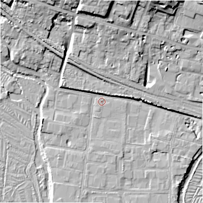 Shaded relief map of the ground around SP27PN, computed from Environment Agency LiDAR. The ground here sits at about 48 m above sea level and falls 18 m across the surrounding 800 m. Surface water reaching this point runs off ground lying to the west-south-west, 1.1 m higher.