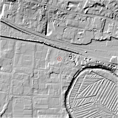 Shaded relief map of the ground around SP27PP, computed from Environment Agency LiDAR. The ground here sits at about 48 m above sea level and falls 13 m across the surrounding 800 m. Surface water reaching this point runs off ground lying to the south-south-west, 1.2 m higher.