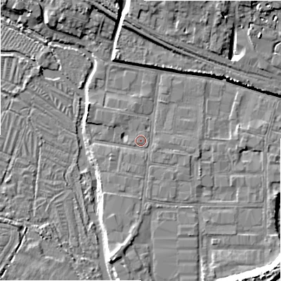 Shaded relief map of the ground around SP27PU, computed from Environment Agency LiDAR. The ground here sits at about 48 m above sea level and falls 10 m across the surrounding 800 m. Surface water reaching this point runs off ground lying to the south, 2.2 m higher.
