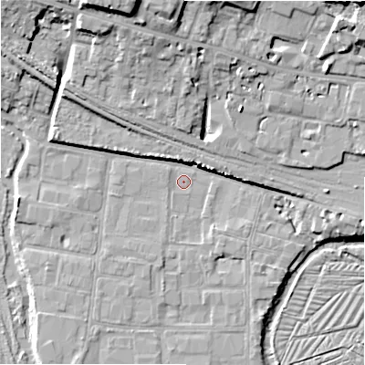 Shaded relief map of the ground around SP27PW, computed from Environment Agency LiDAR. The ground here sits at about 47 m above sea level and falls 18 m across the surrounding 800 m. Surface water reaching this point runs off ground lying to the south-south-west, 1.4 m higher.