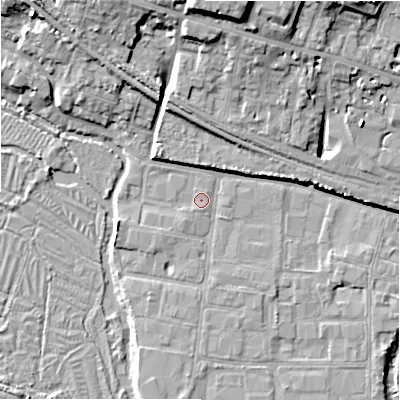 Shaded relief map of the ground around SP27PX, computed from Environment Agency LiDAR. The ground here sits at about 48 m above sea level and falls 17 m across the surrounding 800 m. Surface water reaching this point runs off ground lying to the south-west, 0.9 m higher.